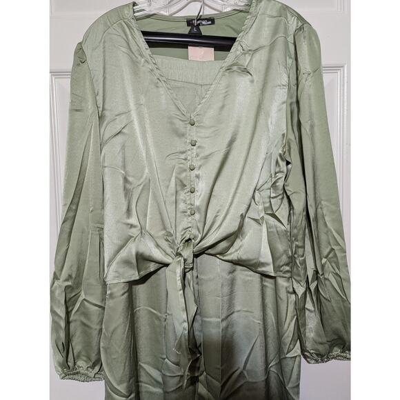 Fashion Satin Outfit Womens XXL Green Long Sleeve Button Top & Jogger Pant Set - Picture 6 of 14